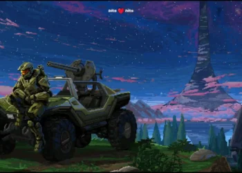 Pixel art Master Chief standing beside Halo Warthog vehicle under starry sky in retro 8-bit style live wallpaper