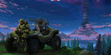 Pixel art Master Chief standing beside Halo Warthog vehicle under starry sky in retro 8-bit style live wallpaper