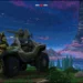 Pixel art Master Chief standing beside Halo Warthog vehicle under starry sky in retro 8-bit style live wallpaper
