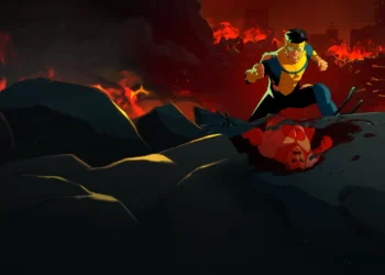 Invincible battling Omni-Man in a powerful aerial fight with glowing sky and cinematic superhero clash in a live wallpaper