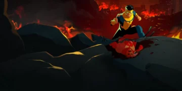 Invincible battling Omni-Man in a powerful aerial fight with glowing sky and cinematic superhero clash in a live wallpaper