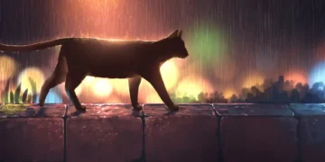 Silhouette of a lonely cat sitting under a streetlight in the rain at night with wet pavement reflections in a moody live wallpaper