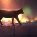Silhouette of a lonely cat sitting under a streetlight in the rain at night with wet pavement reflections in a moody live wallpaper