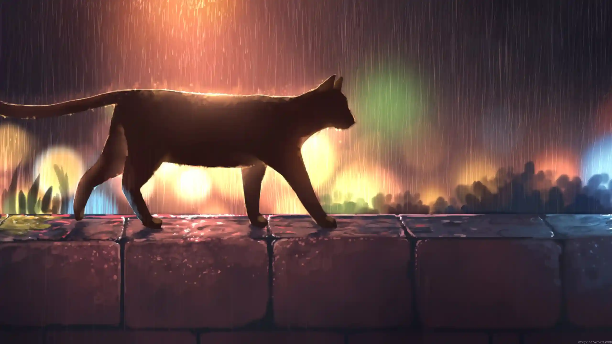 Silhouette of a lonely cat sitting under a streetlight in the rain at night with wet pavement reflections in a moody live wallpaper
