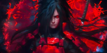 Madara Uchiha with glowing Eternal Mangekyo Sharingan eyes surrounded by swirling chakra energy in a dark anime live wallpaper