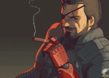 Pixel art Big Boss from Metal Gear Solid with eyepatch and military stance against a retro gaming styled background in a live wallpaper