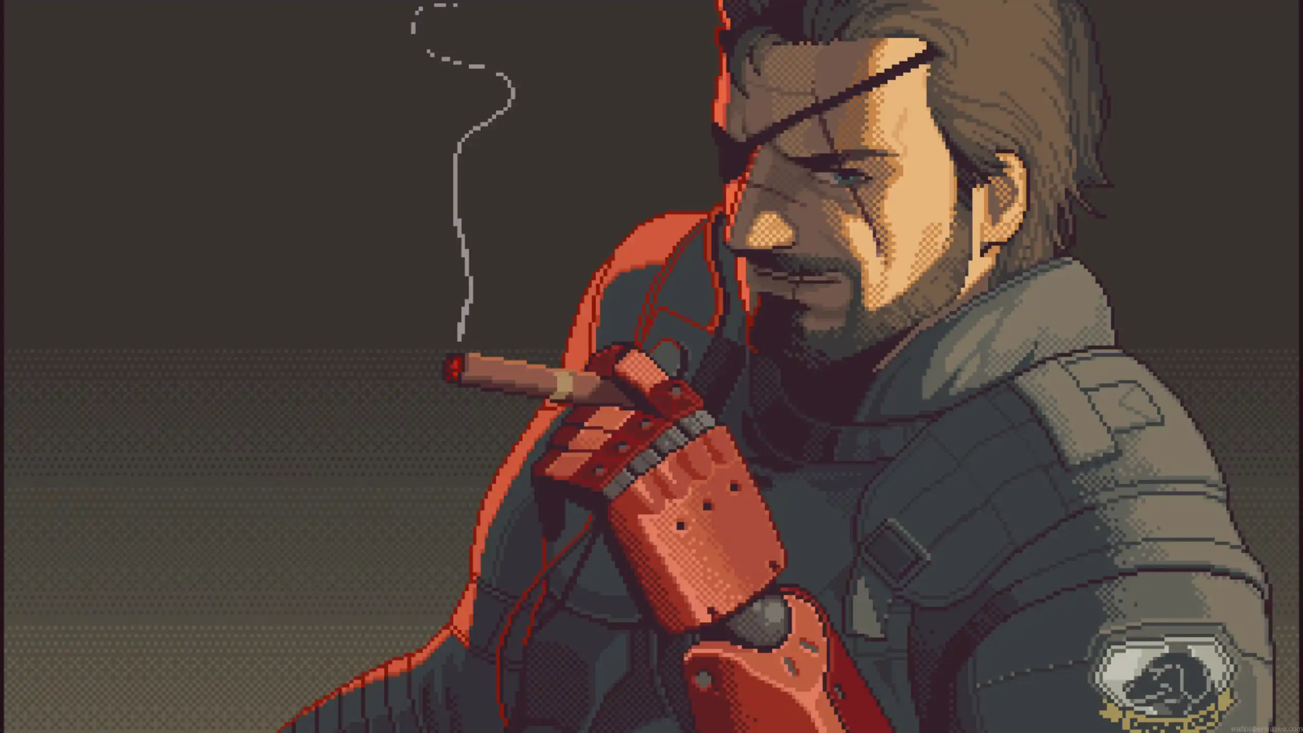 Pixel art Big Boss from Metal Gear Solid with eyepatch and military stance against a retro gaming styled background in a live wallpaper