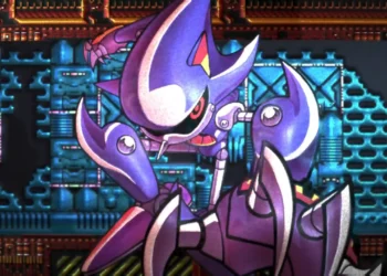 Retro pixel art Metal Sonic glowing with neon highlights against pixelated background in a nostalgic 16-bit style live wallpaper