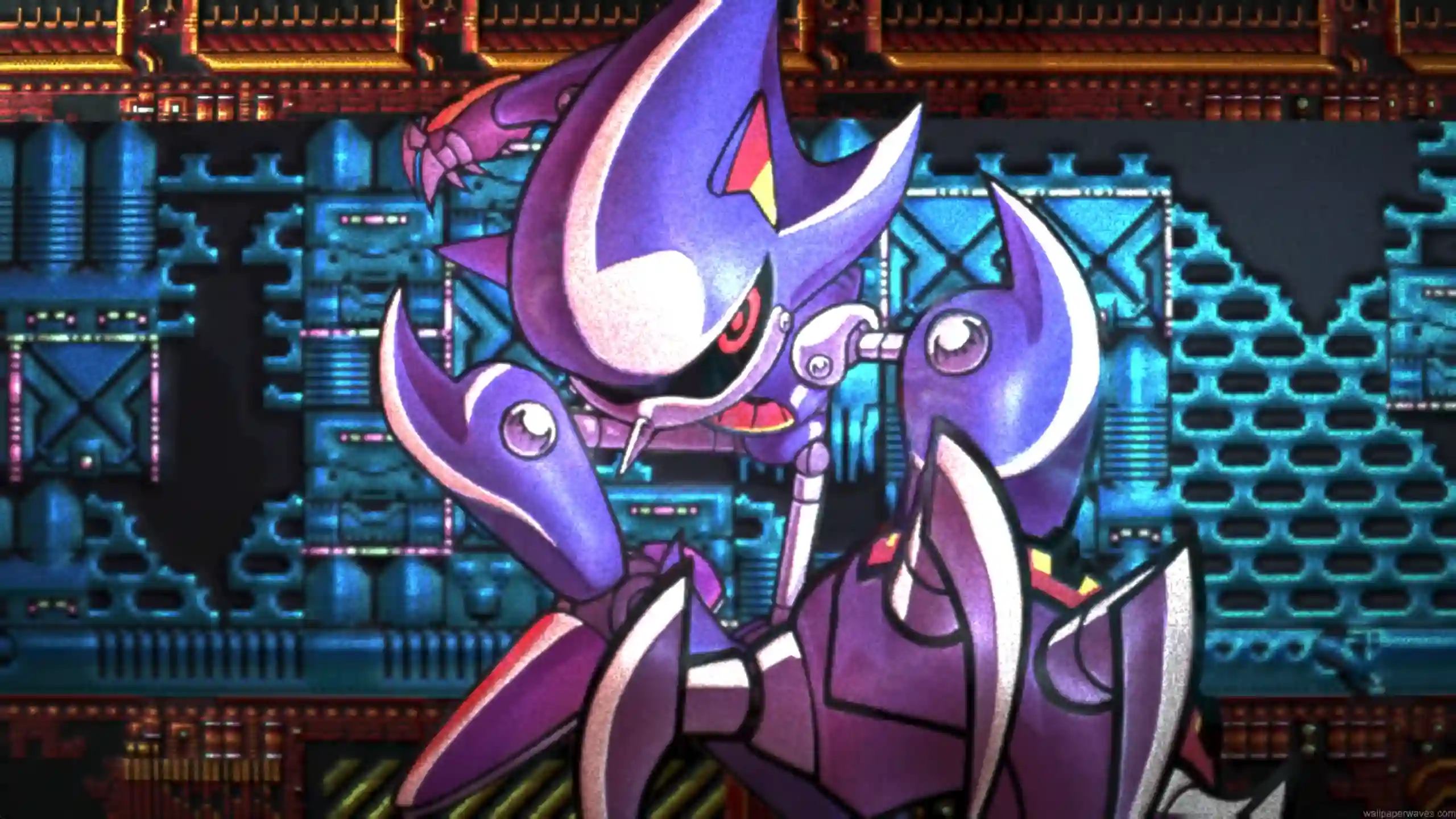 Retro pixel art Metal Sonic glowing with neon highlights against pixelated background in a nostalgic 16-bit style live wallpaper