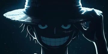 Monkey D. Luffy smiling in shadows with glowing light highlighting his straw hat in a dark cinematic One Piece live wallpaper