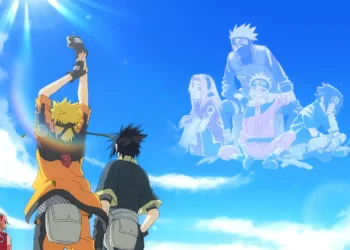 Naruto, Sasuke, Sakura, and Kakashi standing together with Hidden Leaf village glowing in the background in a nostalgic Team 7 live wallpaper