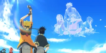 Naruto, Sasuke, Sakura, and Kakashi standing together with Hidden Leaf village glowing in the background in a nostalgic Team 7 live wallpaper