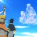 Naruto, Sasuke, Sakura, and Kakashi standing together with Hidden Leaf village glowing in the background in a nostalgic Team 7 live wallpaper