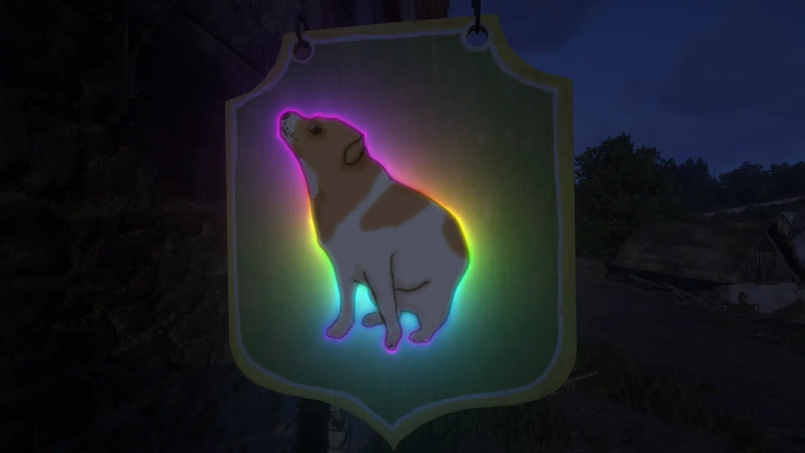 Animated dog dancing under vibrant neon lights with glowing blue, pink, and green effects in a playful meme live wallpaper