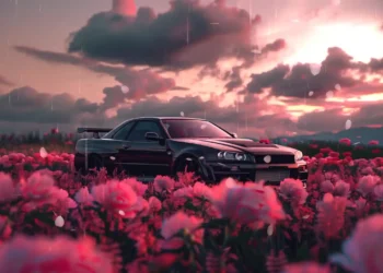Nissan Skyline R34 sports car parked in a vibrant flower field under warm golden sunlight in a scenic live wallpaper