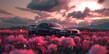 Nissan Skyline R34 sports car parked in a vibrant flower field under warm golden sunlight in a scenic live wallpaper
