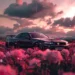 Nissan Skyline R34 sports car parked in a vibrant flower field under warm golden sunlight in a scenic live wallpaper