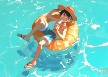Luffy relaxing poolside with sunglasses and popsicle under tropical sun, One Piece summer anime live wallpaper