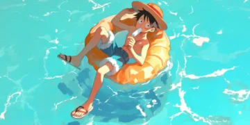 Luffy relaxing poolside with sunglasses and popsicle under tropical sun, One Piece summer anime live wallpaper