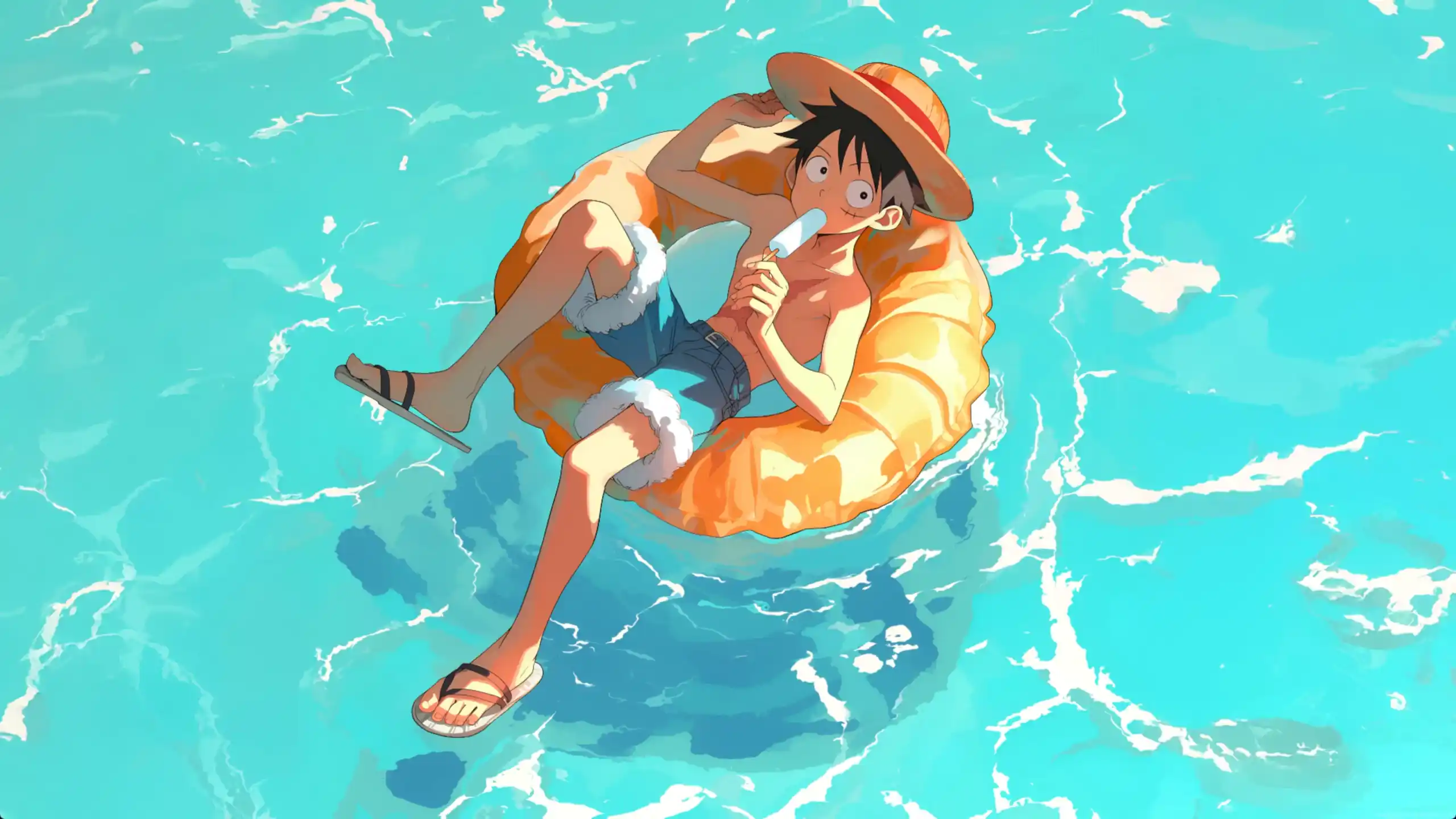 Luffy relaxing poolside with sunglasses and popsicle under tropical sun, One Piece summer anime live wallpaper