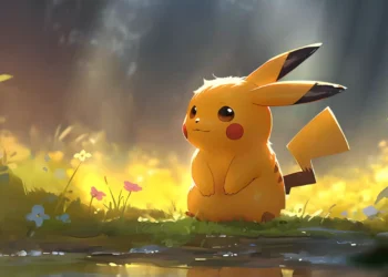 Pikachu glowing in a meadow at dusk surrounded by fireflies and warm golden light in a Pokémon live wallpaper