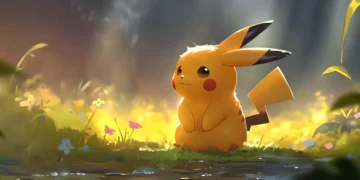 Pikachu glowing in a meadow at dusk surrounded by fireflies and warm golden light in a Pokémon live wallpaper