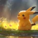 Pikachu glowing in a meadow at dusk surrounded by fireflies and warm golden light in a Pokémon live wallpaper