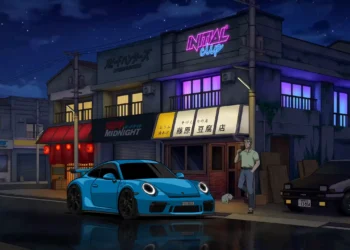 Porsche 911 GT3 RS sports car on neon-lit anime style rainy street with glowing signs and reflections in a live wallpaper