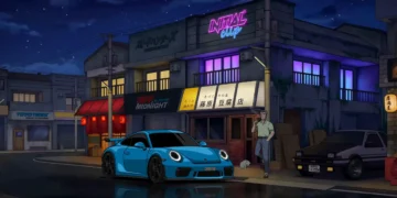 Porsche 911 GT3 RS sports car on neon-lit anime style rainy street with glowing signs and reflections in a live wallpaper