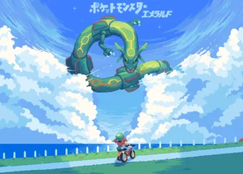 Pixel art Rayquaza from Pokémon Emerald flying above pixel clouds in a retro 8-bit style live wallpaper