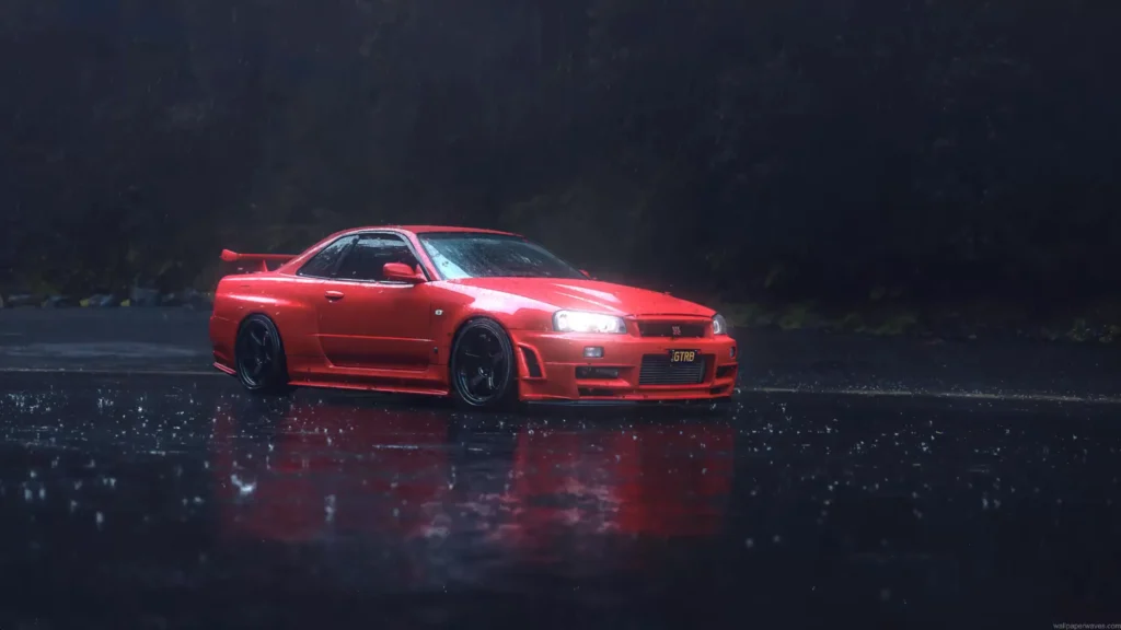 Red Nissan Skyline R34 Rain Night Drive Live Wallpaper