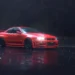 Red Nissan Skyline R34 driving on rain-soaked city streets at night with glowing neon reflections in a cinematic live wallpaper