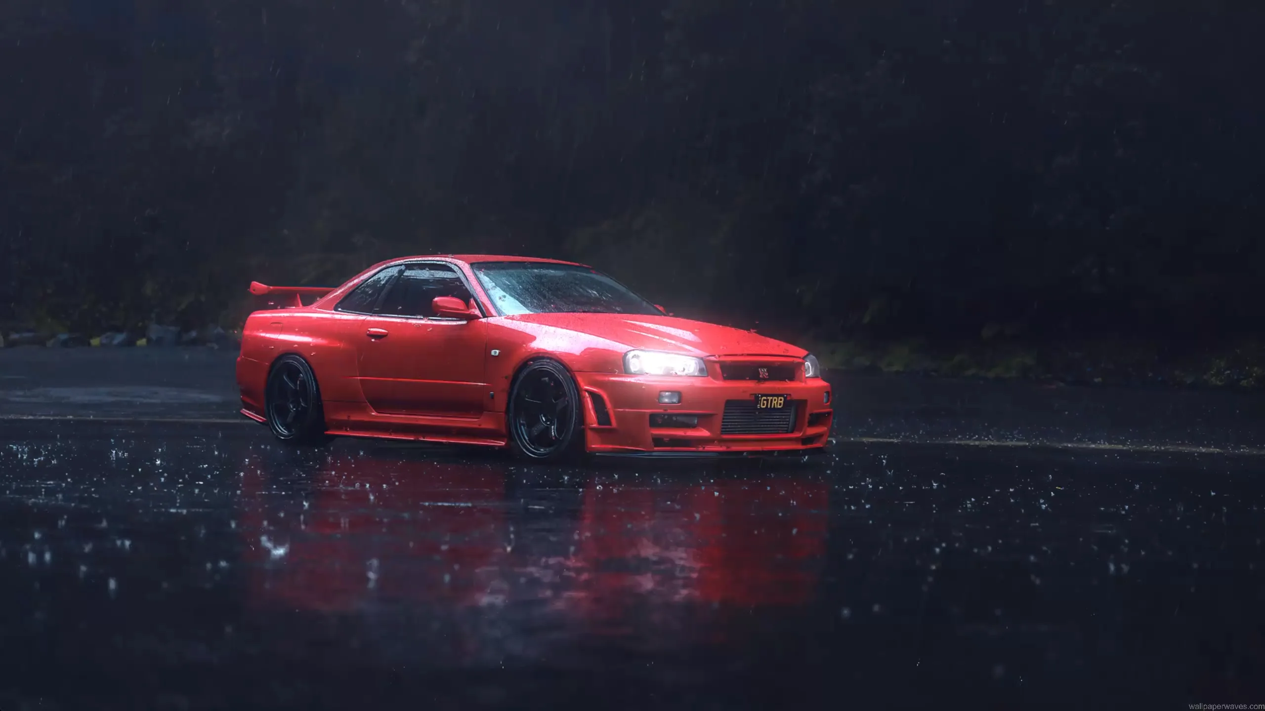 Red Nissan Skyline R34 driving on rain-soaked city streets at night with glowing neon reflections in a cinematic live wallpaper