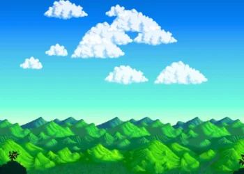 Retro pixel art mountains with drifting pixel clouds in pastel colors creating a nostalgic 8-bit style live wallpaper