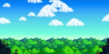 Retro pixel art mountains with drifting pixel clouds in pastel colors creating a nostalgic 8-bit style live wallpaper