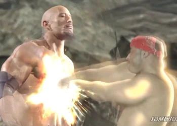 Ricardo Milos and Dwayne The Rock Johnson facing off in a comedic meme fight scene under bright spotlights in a humorous live wallpaper