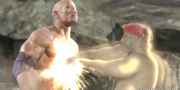 Ricardo Milos and Dwayne The Rock Johnson facing off in a comedic meme fight scene under bright spotlights in a humorous live wallpaper