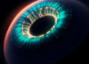 Futuristic glowing blue and white energy ring with intricate patterns floating in darkness in a sci-fi themed live wallpaper