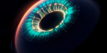 Futuristic glowing blue and white energy ring with intricate patterns floating in darkness in a sci-fi themed live wallpaper