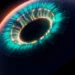 Futuristic glowing blue and white energy ring with intricate patterns floating in darkness in a sci-fi themed live wallpaper