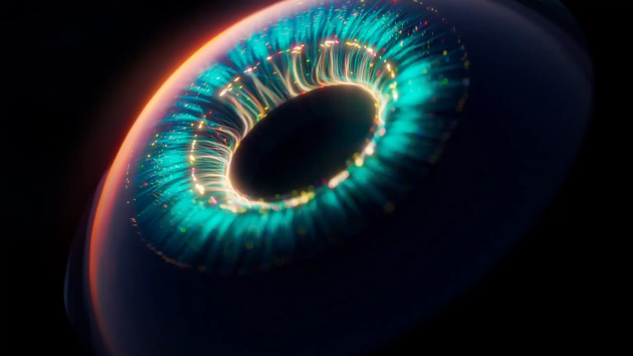 Futuristic glowing blue and white energy ring with intricate patterns floating in darkness in a sci-fi themed live wallpaper