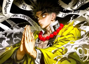 Gyomei Himejima Stone Hashira from Demon Slayer standing with chained weapon in temple shadows with glowing lantern light in a live wallpaper