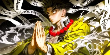 Gyomei Himejima Stone Hashira from Demon Slayer standing with chained weapon in temple shadows with glowing lantern light in a live wallpaper