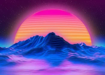 Vaporwave style sunset with glowing pink and orange sun over purple neon mountains and digital horizon grid in a retro live wallpaper