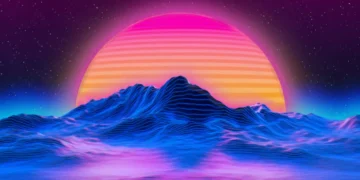 Vaporwave style sunset with glowing pink and orange sun over purple neon mountains and digital horizon grid in a retro live wallpaper