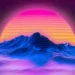 Vaporwave style sunset with glowing pink and orange sun over purple neon mountains and digital horizon grid in a retro live wallpaper