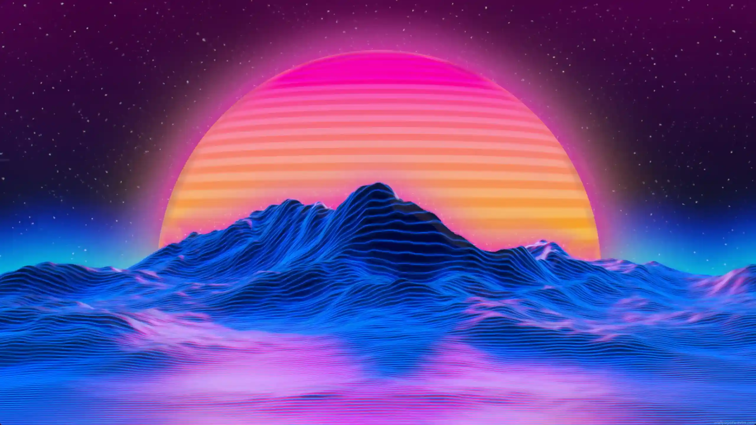 Vaporwave style sunset with glowing pink and orange sun over purple neon mountains and digital horizon grid in a retro live wallpaper