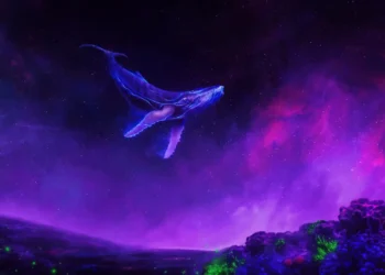 Surreal whale floating through glowing galaxy sky with colorful nebulas and stars in a cosmic fantasy live wallpaper