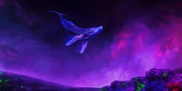 Surreal whale floating through glowing galaxy sky with colorful nebulas and stars in a cosmic fantasy live wallpaper