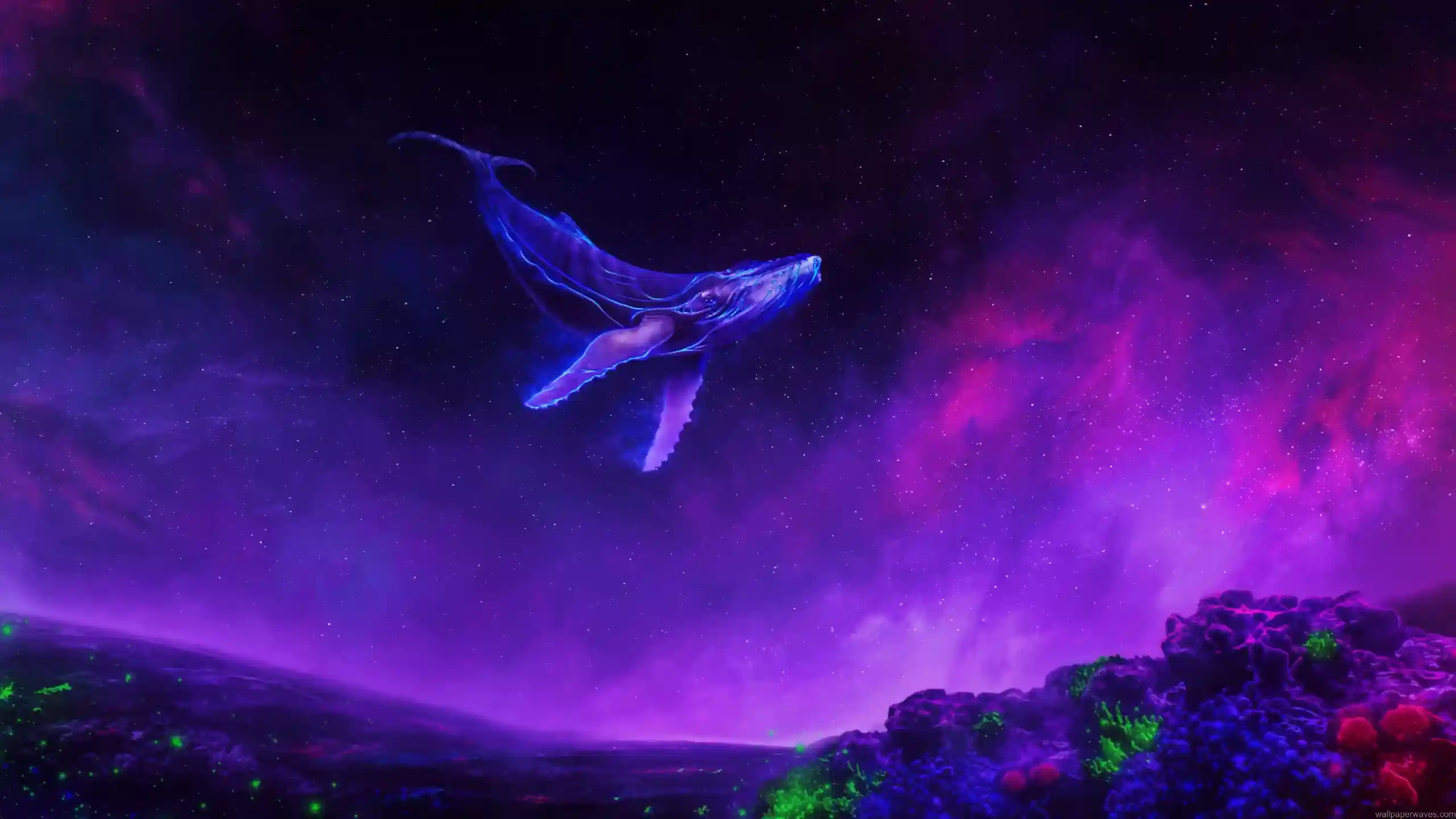 Surreal whale floating through glowing galaxy sky with colorful nebulas and stars in a cosmic fantasy live wallpaper